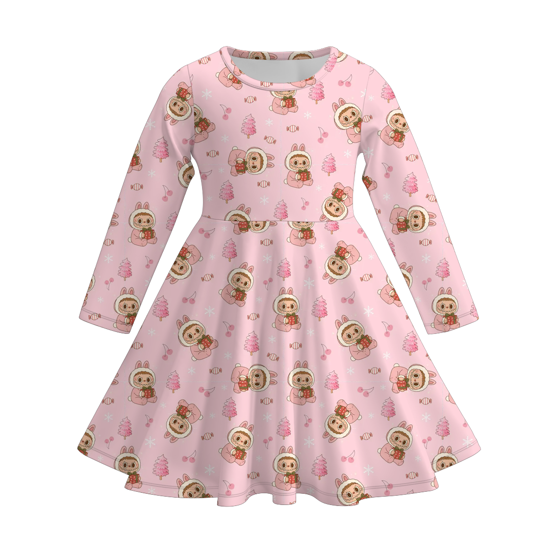 Girls Fall Pink Cartoon Print Soft Long Sleeves Twirl Dress