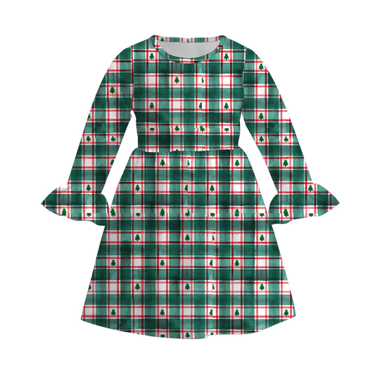 Girls Christmas Green Red Plaid Print Soft Long Sleeves Twirl Dress