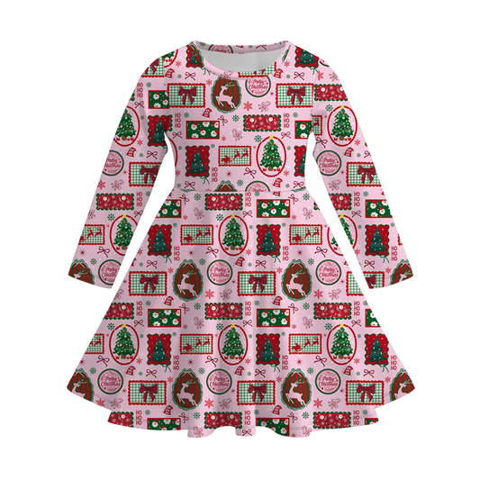 Girls Christmas Gift Tree Print Soft Long Sleeves Twirl Dress