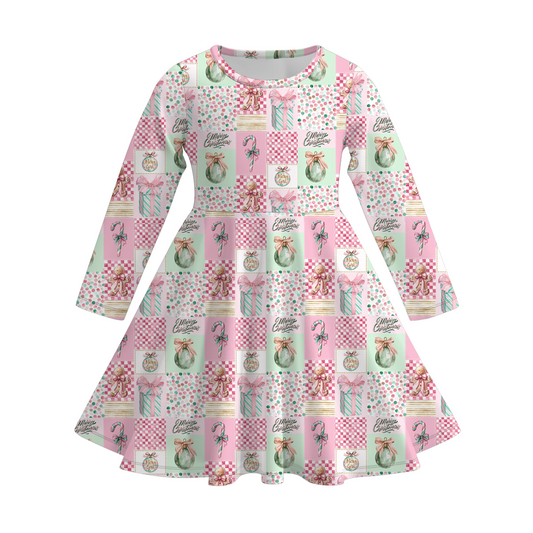 Girls Christmas Gingerbread Print Soft Long Sleeves Twirl Dress