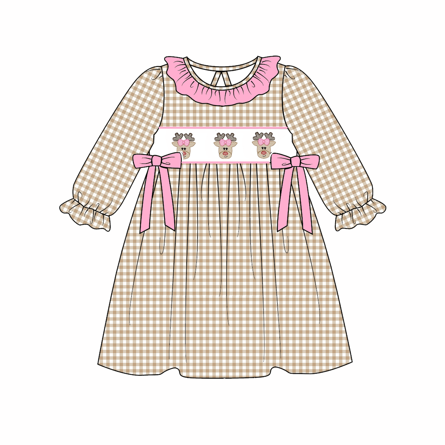 Christmas Reindeer Santa Embroidery Smock Plaid Dress Romper Collection