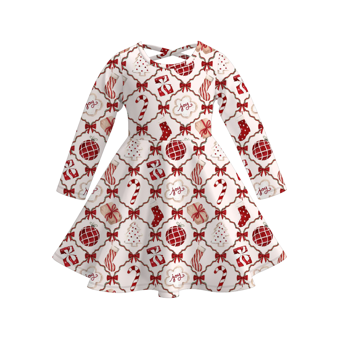 Christmas Long Sleeves Tree Gingerbread Candy Cane Print Dress For Girls