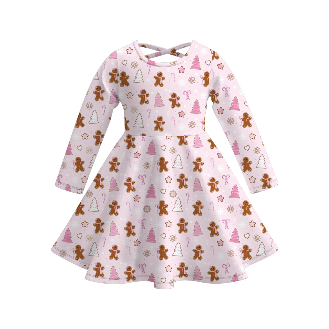 Christmas Long Sleeves Tree Gingerbread Candy Cane Print Dress For Girls
