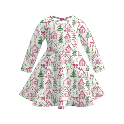 Christmas Long Sleeves Tree Gingerbread Candy Cane Print Dress For Girls