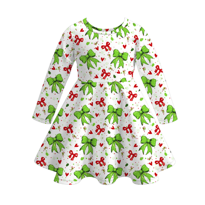 2025 Christmas Cartoon Grinch Print Soft Twirl Dress For Girls
