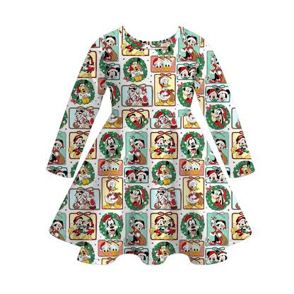 2025 Christmas Cartoon Snowman Print Soft Twirl Dress For Girls