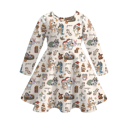 2025 Christmas Cartoon Snowman Print Soft Twirl Dress For Girls