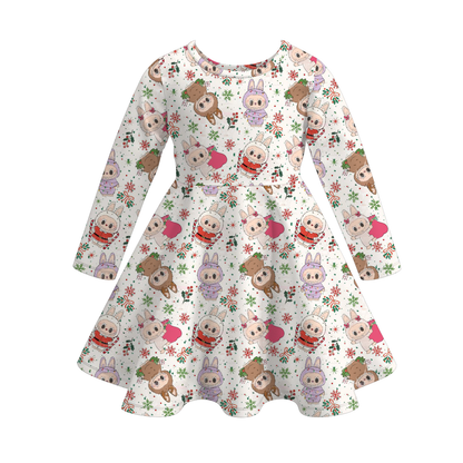Girls 2025 Christmas Cartoon Snowman Print Soft Twirl Dress