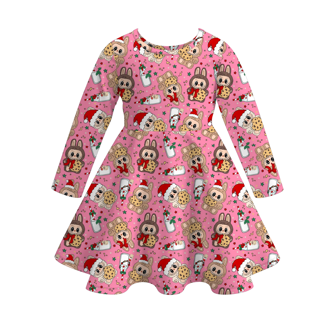 Girls 2025 Christmas Cartoon Snowman Print Soft Twirl Dress