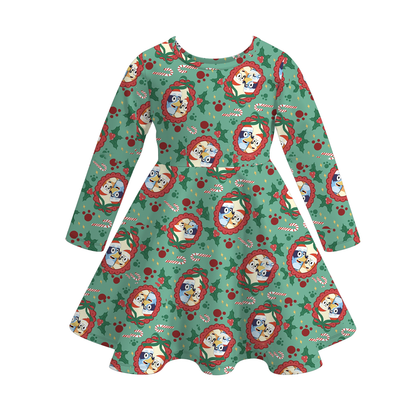 Girls 2025 Christmas Cartoon Snowman Print Soft Twirl Dress