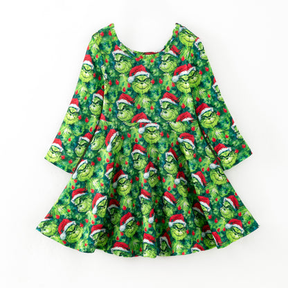 Girls Christmas Grinch Green Long Sleeves Twirl Dress