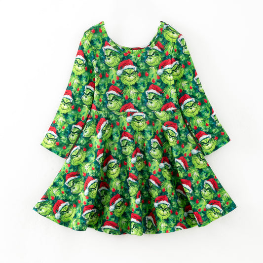 Girls Christmas Grinch Green Long Sleeves Twirl Dress