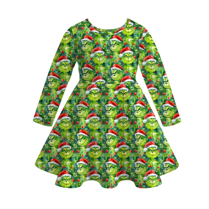 2025 Christmas Grinch Print Soft Twirl Dress For Girls