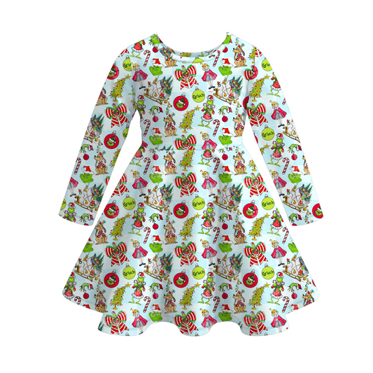 Girls Christmas Grinch Print Soft Long Sleeves Twirl Dress