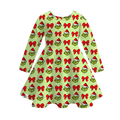 2025 Christmas Grinch Print Soft Twirl Dress For Girls
