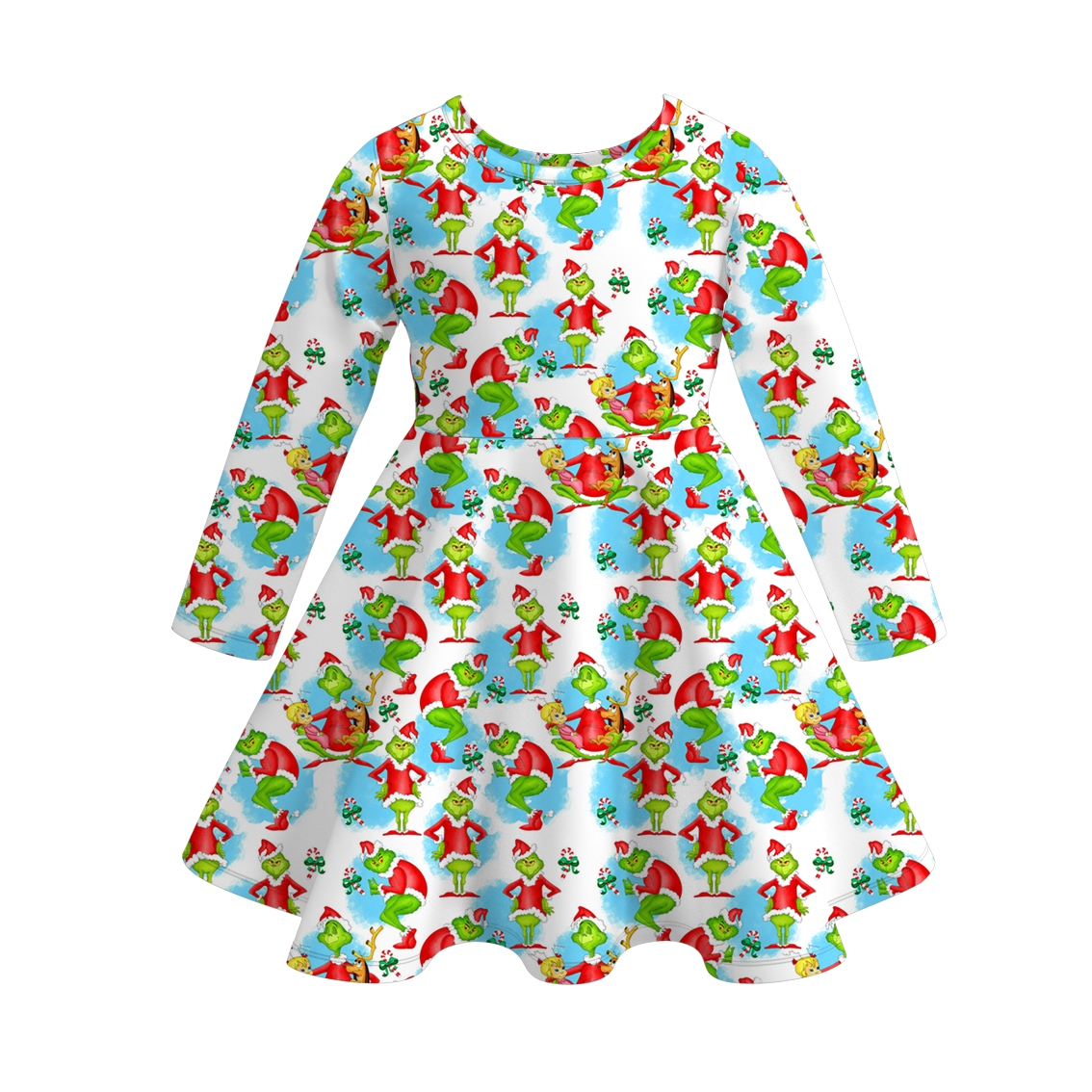 2025 Christmas Grinch Print Soft Twirl Dress For Girls