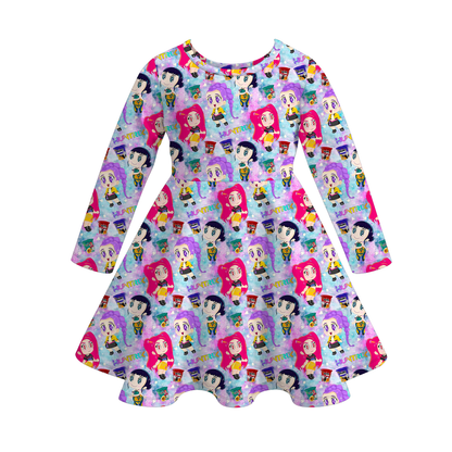 Girls Kpop Demon Hunter Print Long Sleeves Twirl Dress