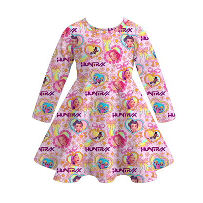 Girls Kpop Demon Hunter Print Long Sleeves Twirl Dress