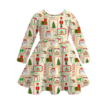Girls Christmas Santa Tree Nutcracker Cartoon Long Sleeves Twirl Dress