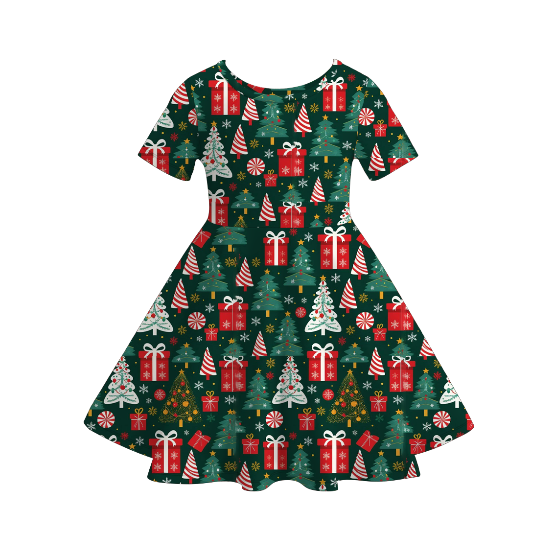 2025 Christmas Cartoon Gift Tree Character Print Twirl Dress