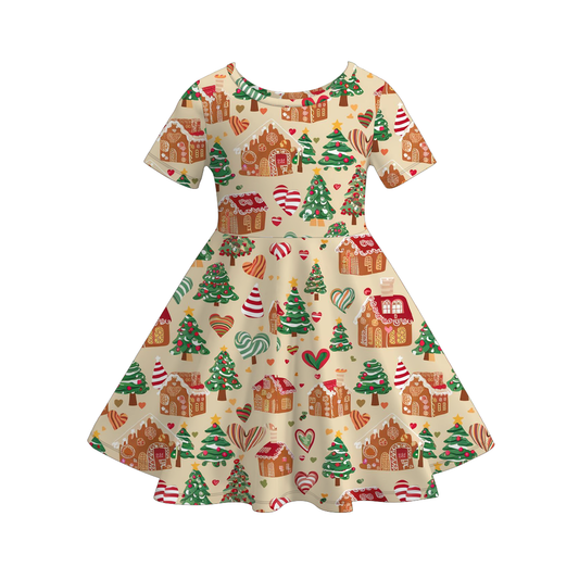 2025 Christmas Cartoon Gift Tree Character Print Twirl Dress