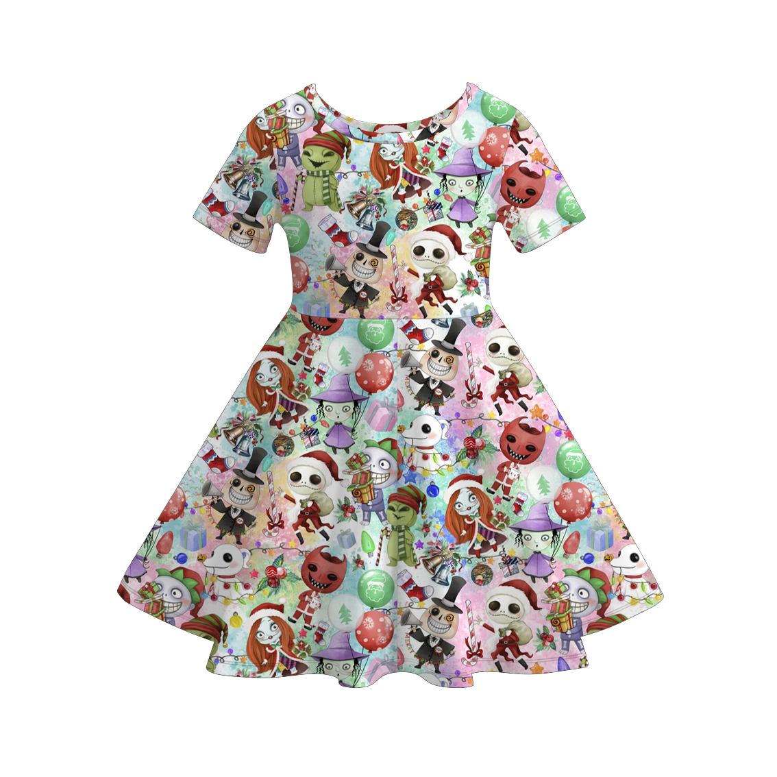2025 Christmas Cartoon Gift Tree Character Print Twirl Dress