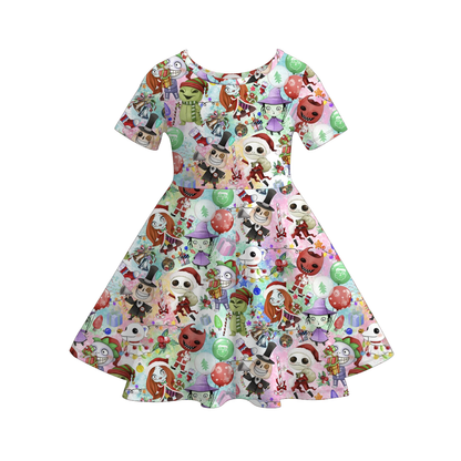 2025 Christmas Cartoon Gift Tree Character Print Twirl Dress