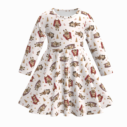 Fall Winter Cartoon Print Long Sleeves Girls Twirl Dress
