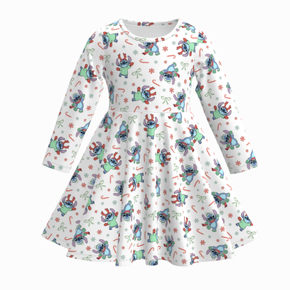 Fall Winter Cartoon Print Long Sleeves Girls Twirl Dress