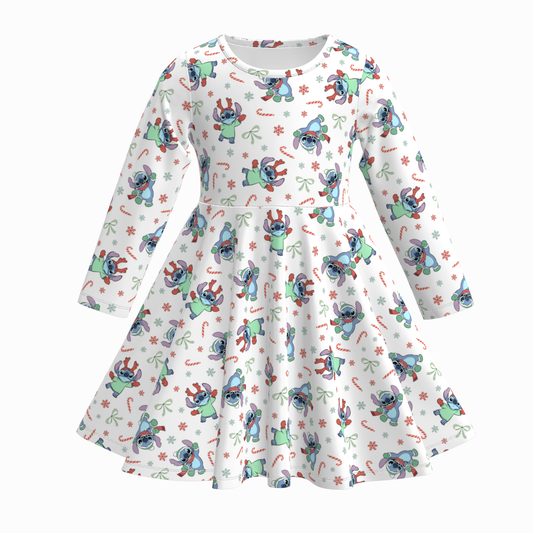 Fall Winter Cartoon Print Long Sleeves Girls Twirl Dress