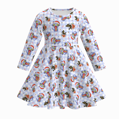 Fall Winter Cartoon Print Long Sleeves Girls Twirl Dress