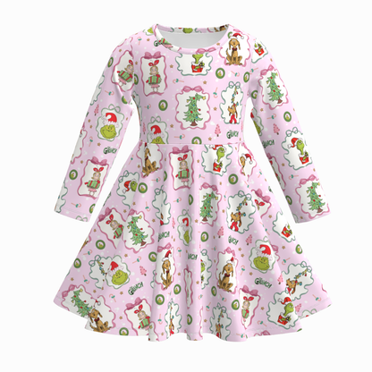 Fall Winter Cartoon Print Long Sleeves Girls Twirl Dress