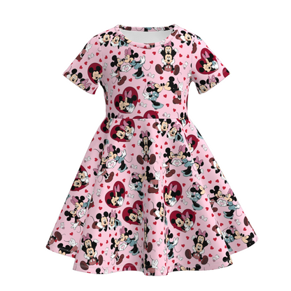 Valentine's Day Character Print Short Sleeves Girls Twirl Dress