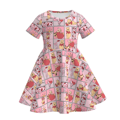 Valentine's Day Character Print Short Sleeves Girls Twirl Dress