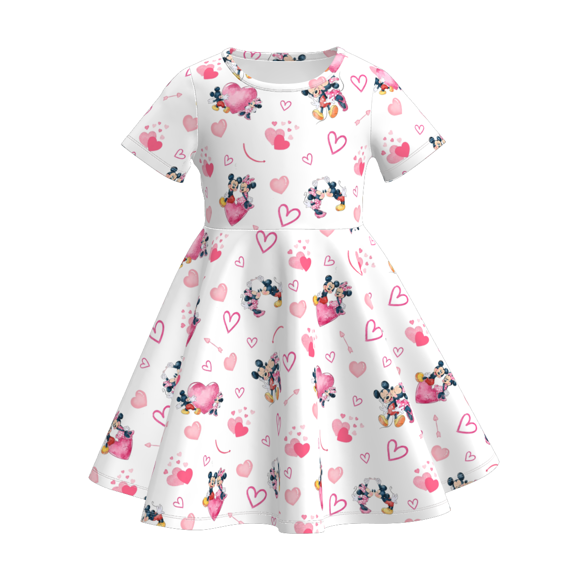 Valentine's Day Character Print Short Sleeves Girls Twirl Dress