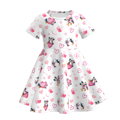 Valentine's Day Character Print Short Sleeves Girls Twirl Dress
