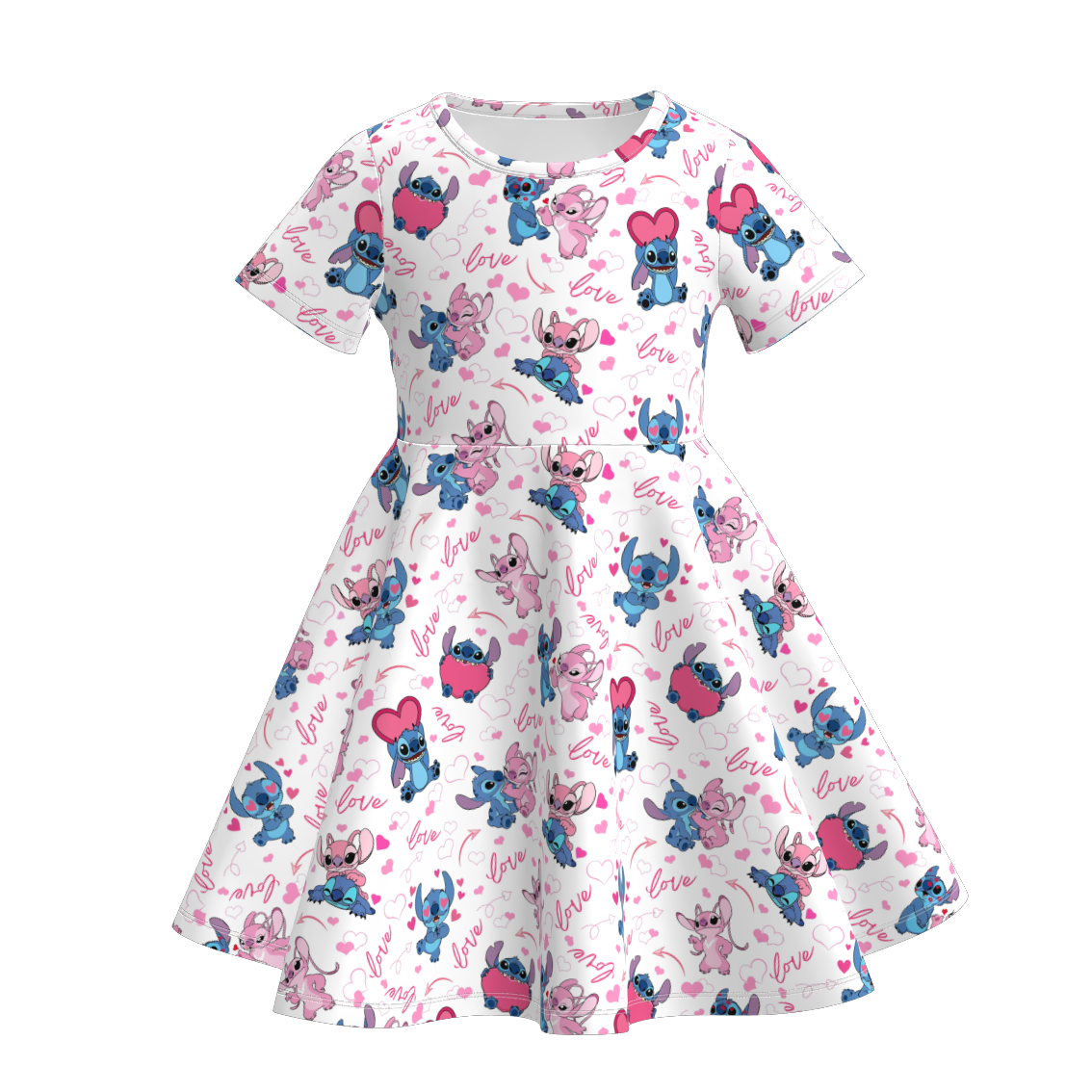 2026 Valentine's Day Cartoon Heart Print Short Sleeves Twirl Dress