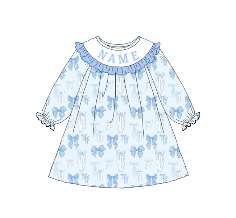 Summer Blue Bow Custom Name Embroidery Smock Outfits