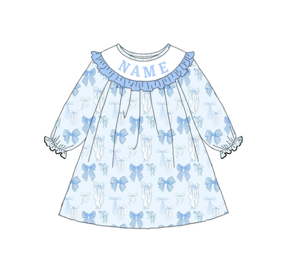 Summer Blue Bow Custom Name Embroidery Smock Outfits