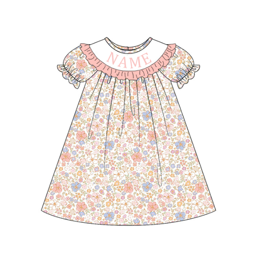 Spring Summer Floral Print Custom Name Embroidery Smock Outfits