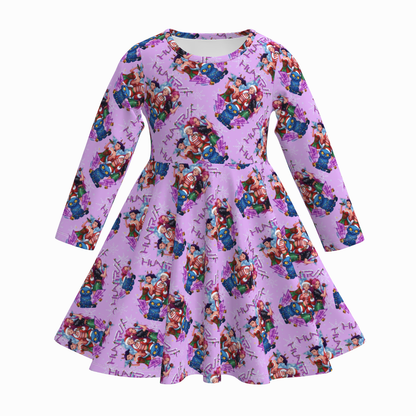 Kpop Demon Hunter Cartoon Print Long Sleeves Girls Twirl Dress