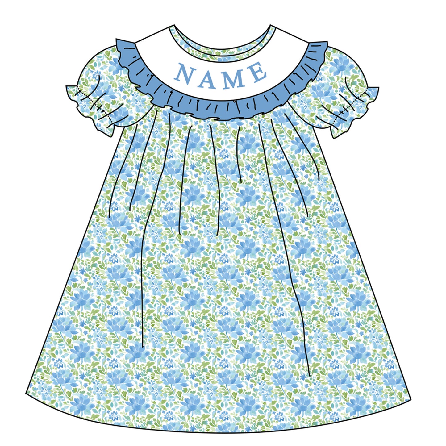 Girl Custom Name Smocked Embroidered Blue Floral Collection