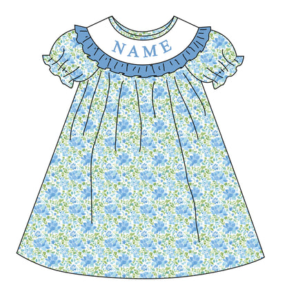 Girl Custom Name Smocked Embroidered Blue Floral Collection