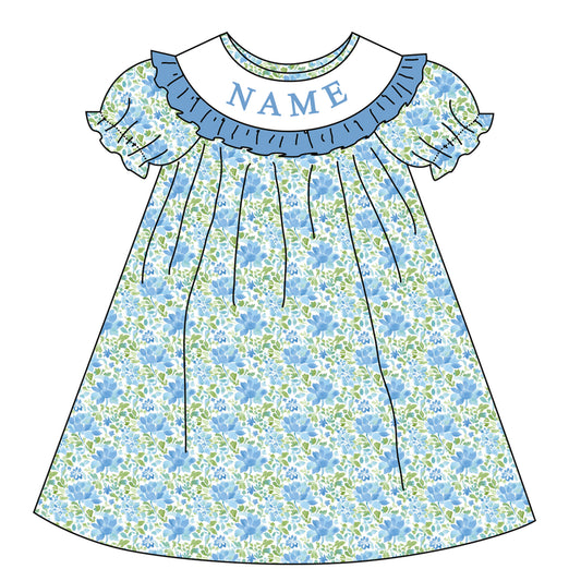 Girl Custom Name Smocked Embroidered Blue Floral Collection