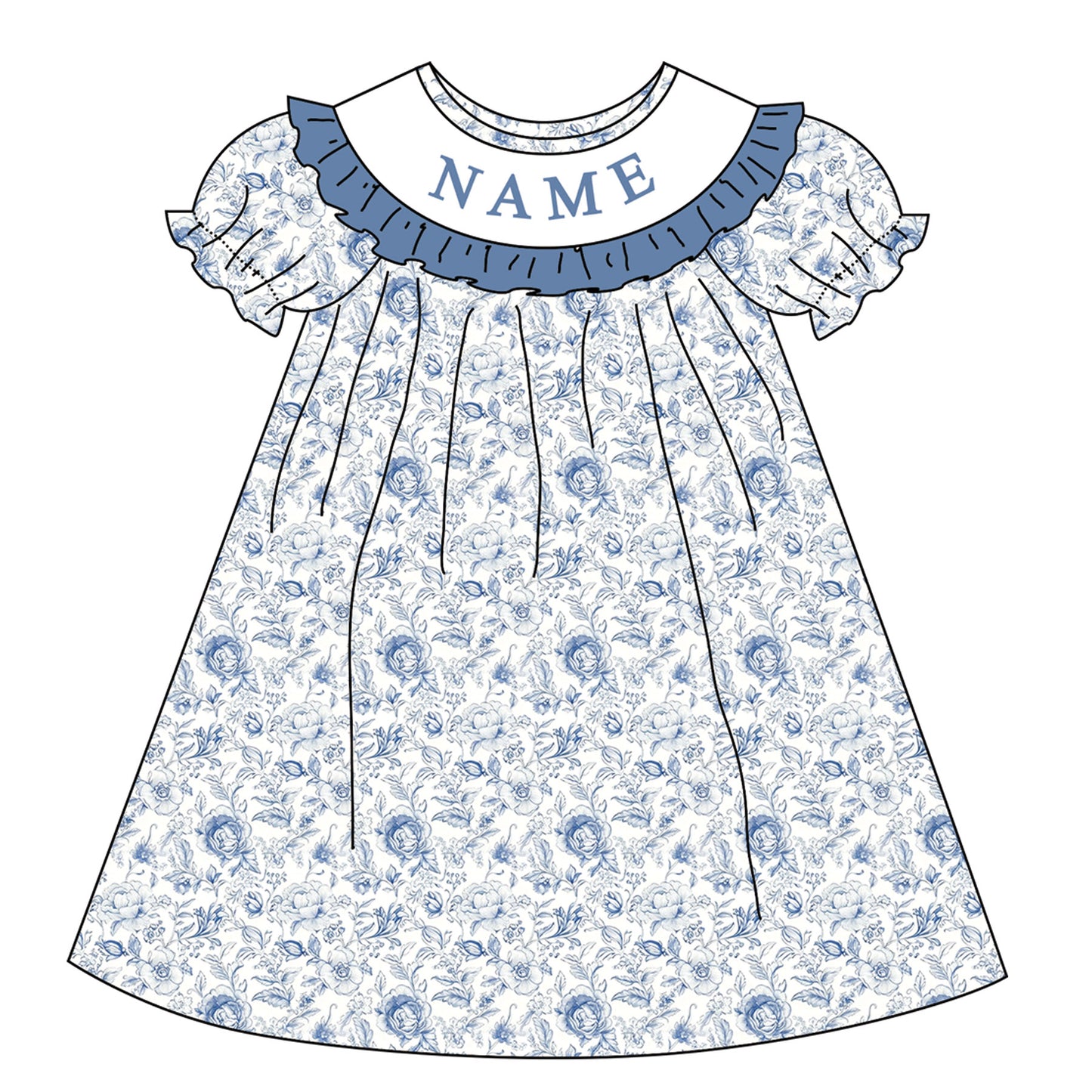 Girl Custom Name Smocked Embroidered Blue Floral Collection