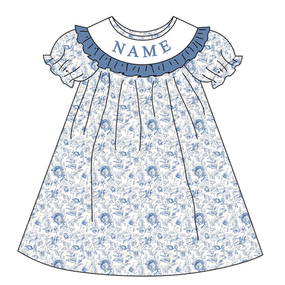 Girl Custom Name Smocked Embroidered Blue Floral Collection