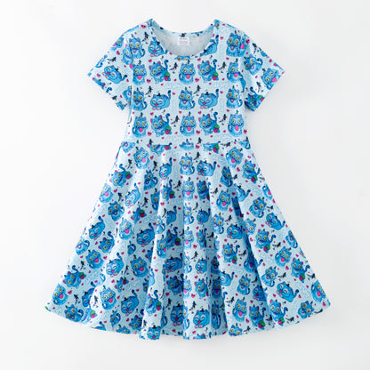 Summer Blue Cartoon Character Printed Twirl Dress