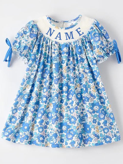 Girls Spring Blue Floral Smock Embroidery Custom Name Dress