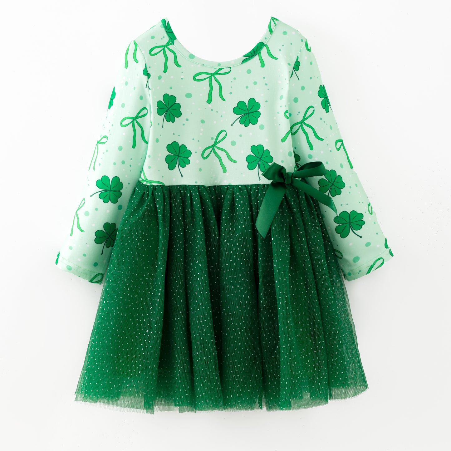 Girls 2026 St.Patrick's Day Green Bow Clover Tulle Dress