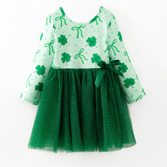 Girls 2026 St.Patrick's Day Green Bow Clover Tulle Dress